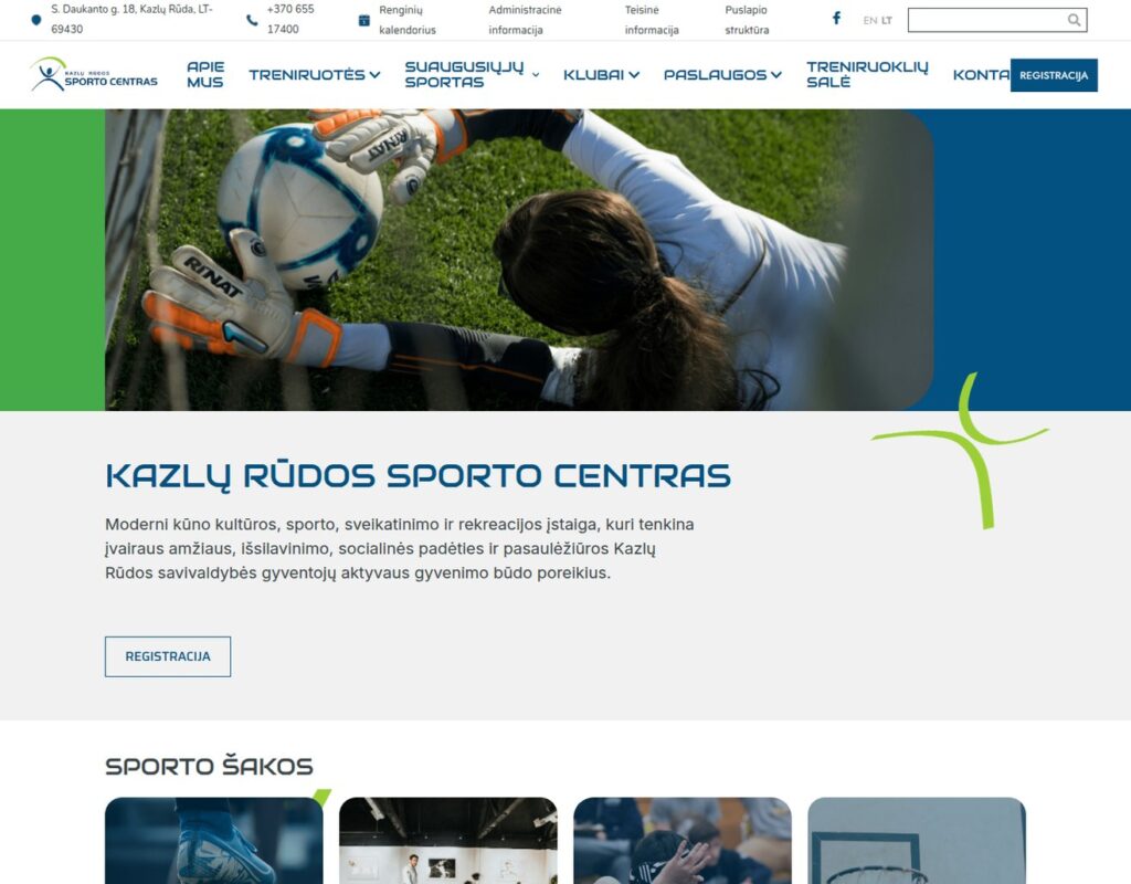 Sporto centro svetainė su paslaugų pristatymu